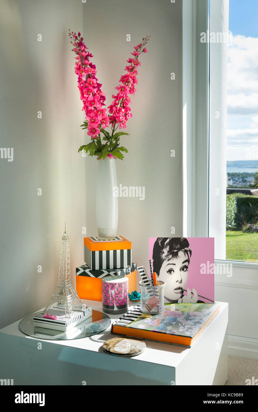 Splendida disposizione di elementi decorativi intorno ad Audrey Hepburn nell'angolo di una casa progettata internamente a Devon con vista mare. Foto Stock