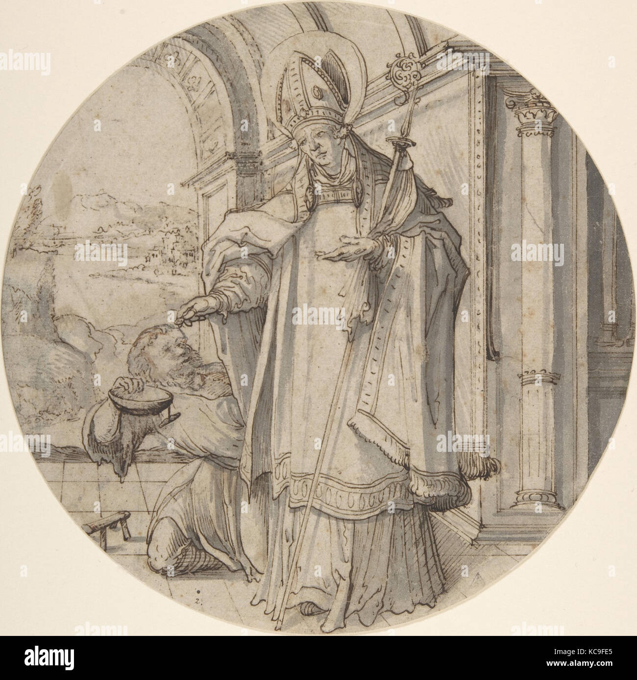Santo Presule distribuire l'Elemosina, attribuito a Christoph Amberger, 1505-62 Foto Stock