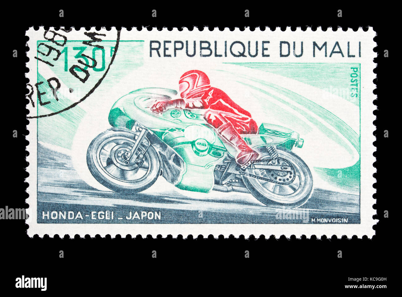 Francobollo da Mali raffigurante un uomo a cavallo di un Honda-Egli sport moto dal Giappone Foto Stock