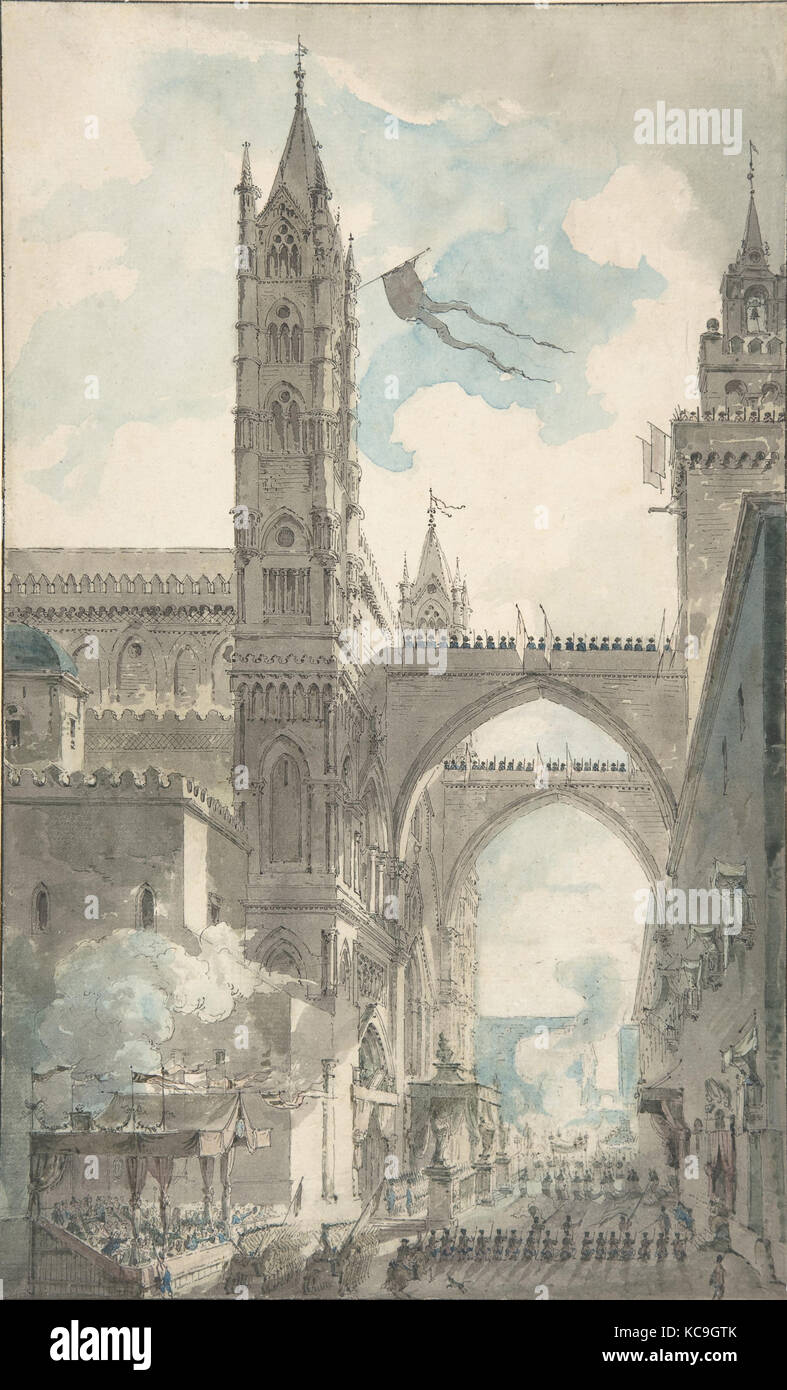 Vista del portale e l'ingresso principale della Cattedrale di Palermo durante il Festival di Sta. Rosalia, Louis Jean Desprez Foto Stock