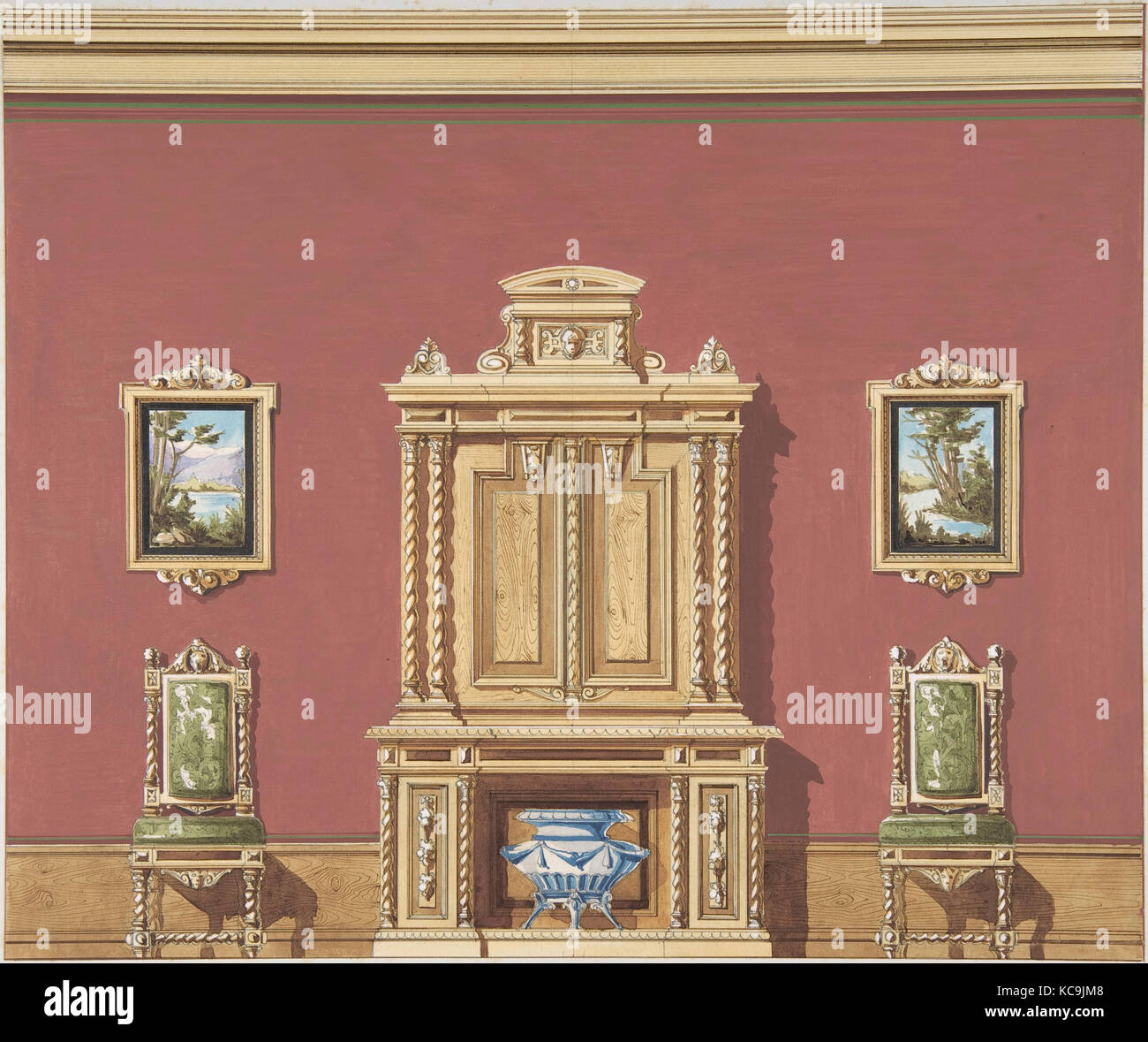 Il design degli interni con un armadio centrale, due sedie e due pitture di paesaggio contro una parete rossa, anonimo, britannico, XIX c Foto Stock