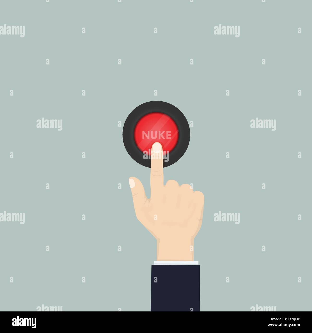 Mano premendo il pulsante rosso.mano umana con nuke button.fermare la guerra mondiale iii concetto.illustrazione vettoriale. Illustrazione Vettoriale