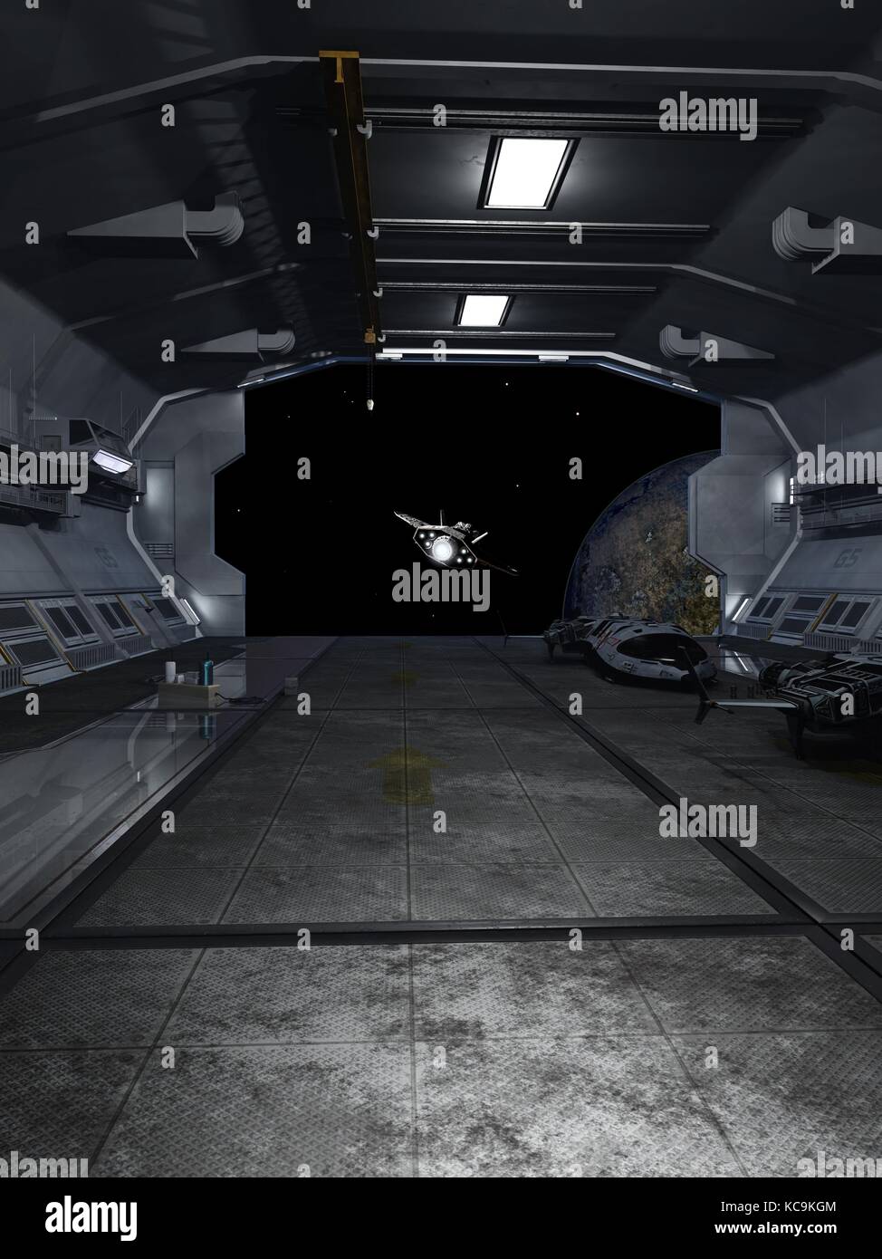 Astronave interplanetaria lasciando la baia di docking Foto Stock