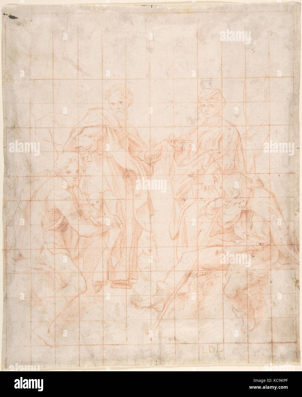 Studio dei quattro Santi, 1525-34, gesso rosso; squadrato per trasferimento, 9 5/16 x 7 5/8a. (23.7 x 19.4cm), disegni, Correggio (Antonio Foto Stock