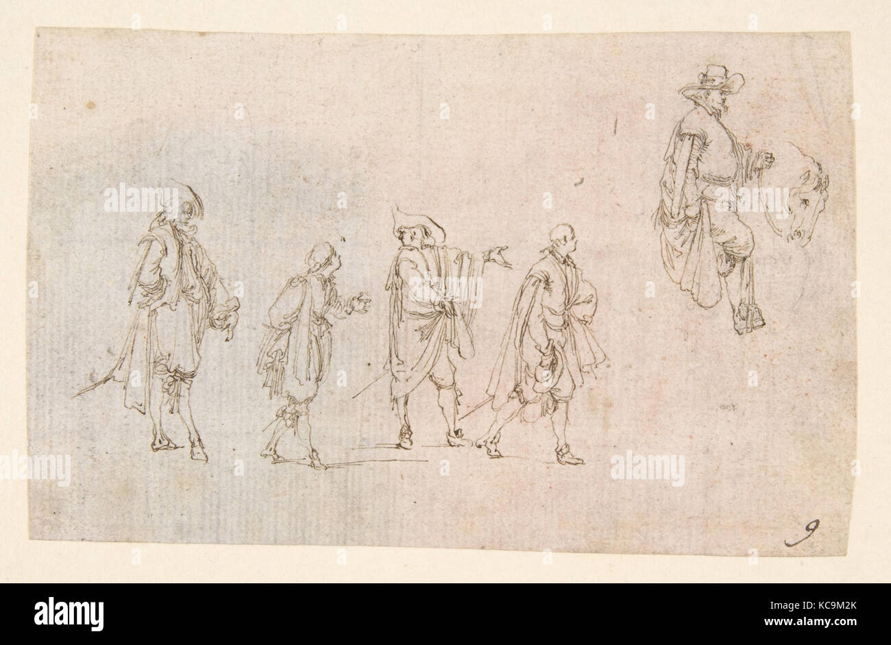 Studi di cavalieri, 1610-64, penna e inchiostro bruno su carta, 2 15/16 x 4 7/8a. (7,5 x 12,4 cm), disegni, Stefano della Bella Foto Stock