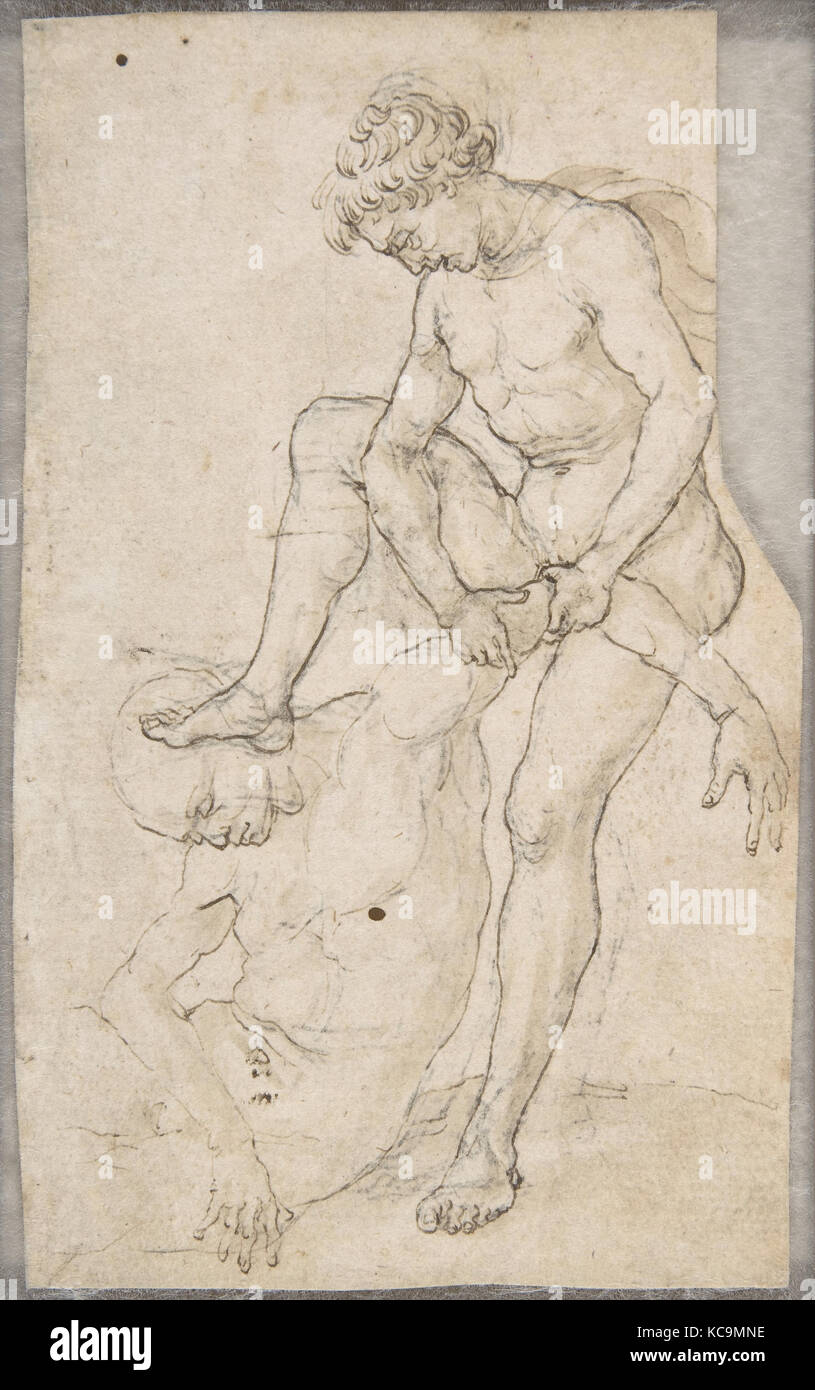 Un Guerriero soggiogare un altro (recto); Guerriero vede in Bust-Length fantastici con casco (verso), Maso Finiguerra, 1460-64 Foto Stock
