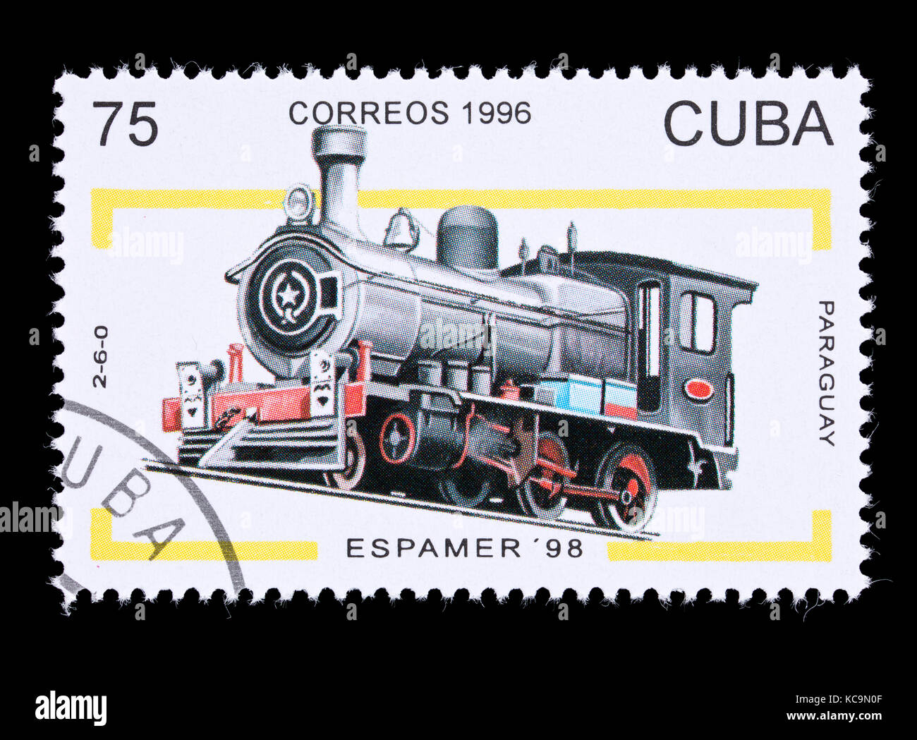 Francobollo da Cuba raffigurante un 2-6-0 locomotiva a vapore dal Paraguay. Foto Stock