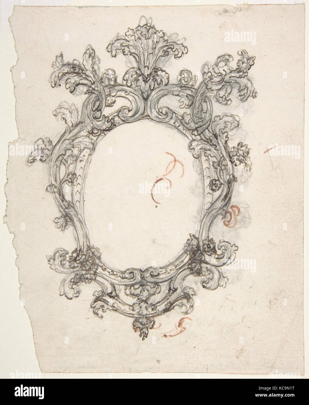 Design per una decorativa cornice ovale (Recto). La metà lo schizzo di un disegno decorativo cornice ovale (verso)., Giovanni Battista Foggini, 1652 Foto Stock