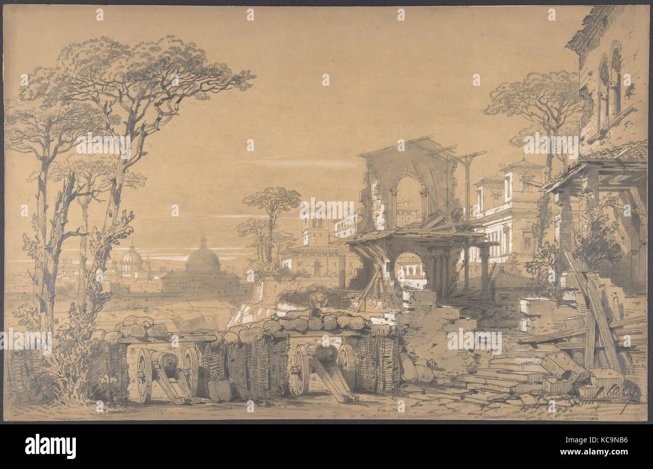 Design per una scenografia all'Opéra di Parigi: il paesaggio guardando verso Roma, Eugène Cicéri, 1830-90 Foto Stock