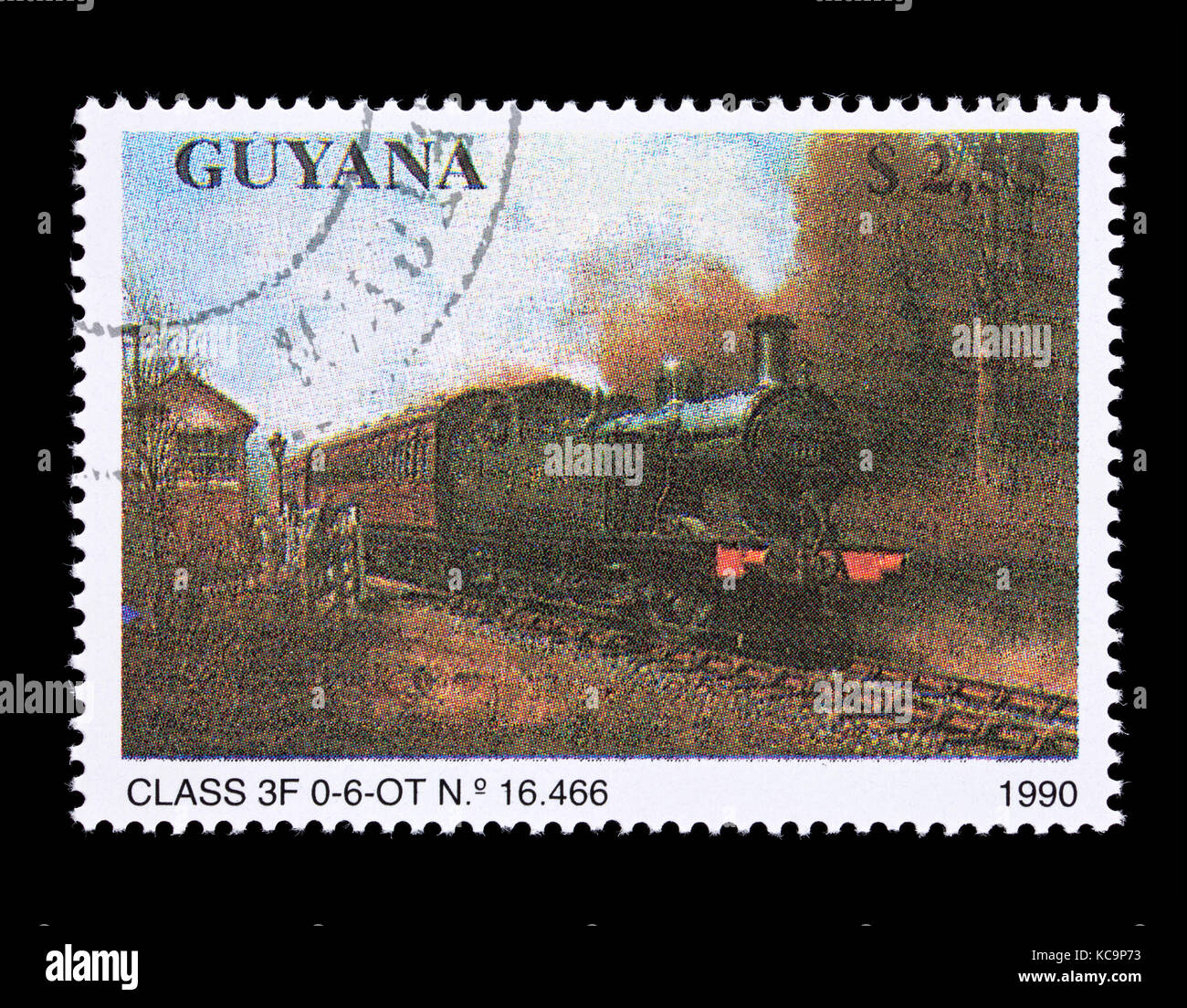 Francobollo dalla Guyana raffigurante una classe F 0-6-0 locomotiva a vapore. Foto Stock