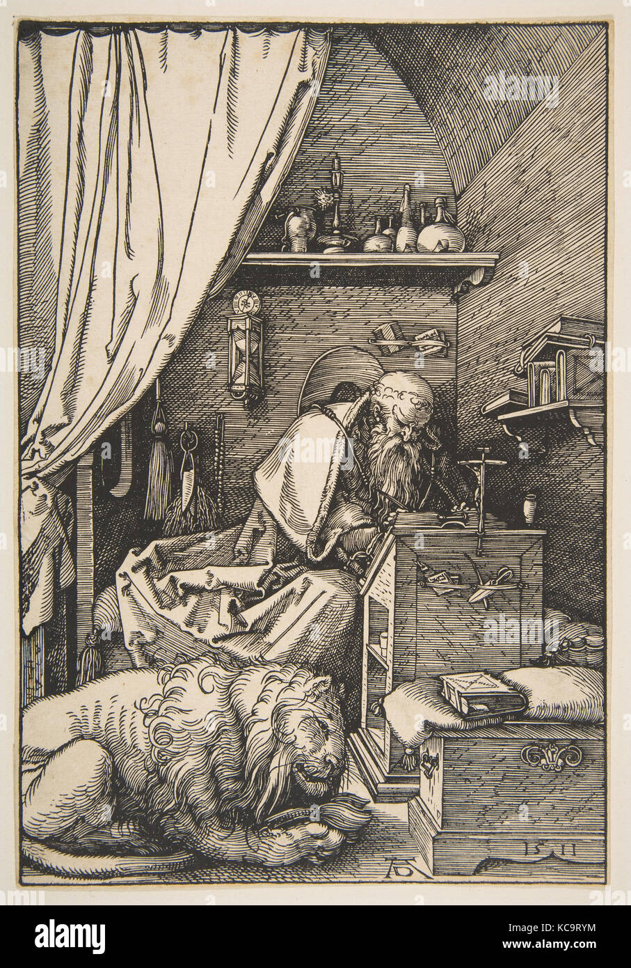 San Girolamo nel suo studio, 1514, Xilografia, foglio: 9 x 6 1/4 in. (22,9 x 16 cm), stampe di Albrecht Dürer (tedesco, Norimberga 1471 Foto Stock