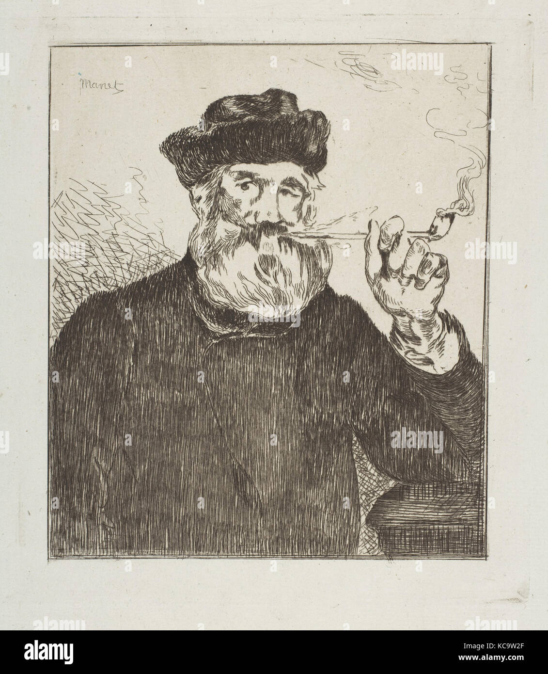 Il fumatore (Le Fumeur), 1866-67, incisione su blu di cui carta, stato finale (II), dal 1905 Strölin edition, Piastra: 6 13/16 x 5 13 Foto Stock