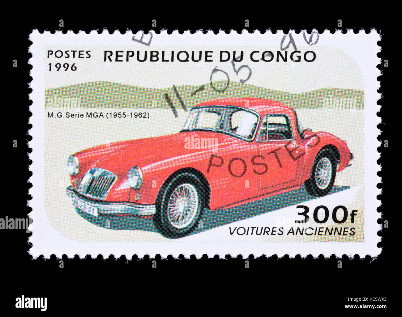 Francobollo dalla Repubblica popolare del Congo raffiguranti am MG MGA serie classic automobile. Foto Stock