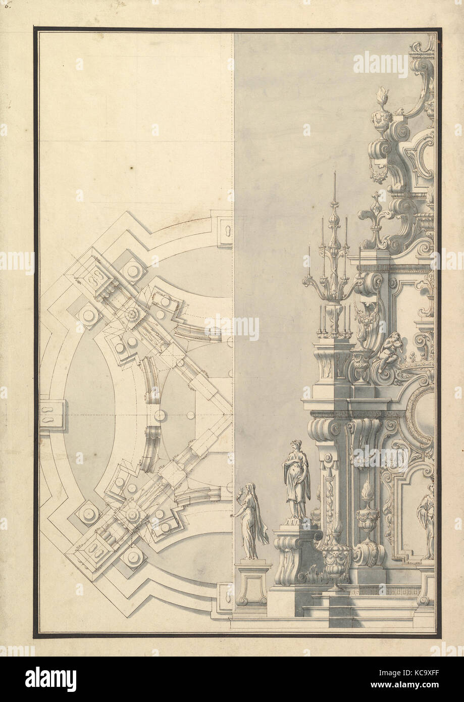 La metà del piano terra e mezza quota per Catafalque per il Duca Francesco di Parma (1694-1727), officina di Giuseppe Galli Bibiena Foto Stock