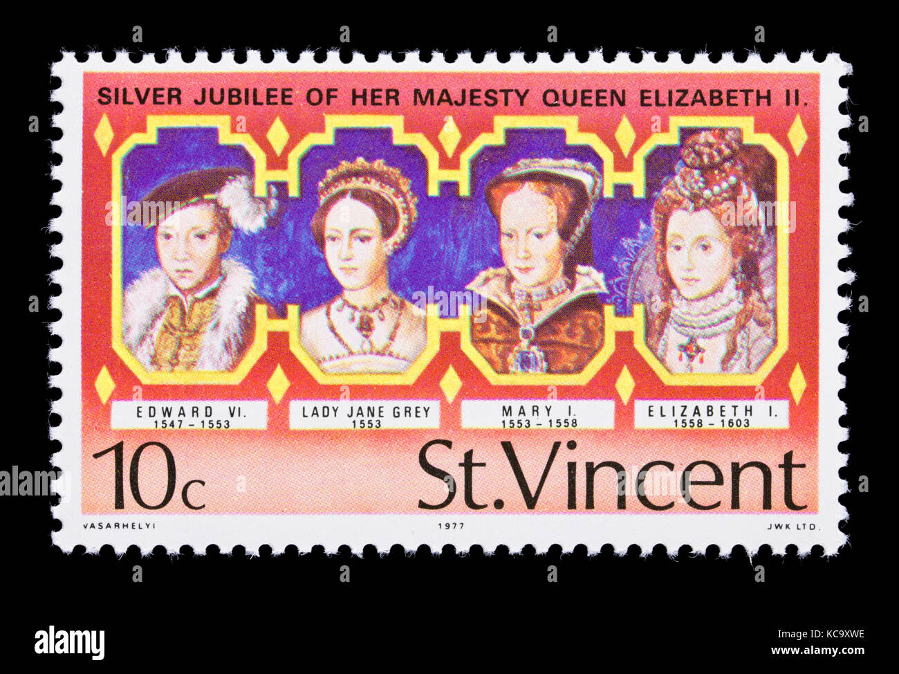 Francobollo da Saint Vincent raffiguranti monarchi Inglesi (Edoardo VI, Lady Jane grigio, Maria ho, Elizabeth I) Foto Stock