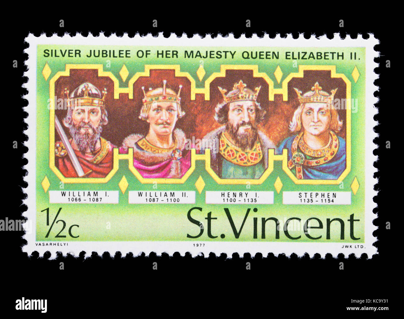 Francobollo da Saint Vincent raffiguranti monarchi Inglesi (Guglielmo I, Guglielmo II, Henry Ho, Stephen) Foto Stock