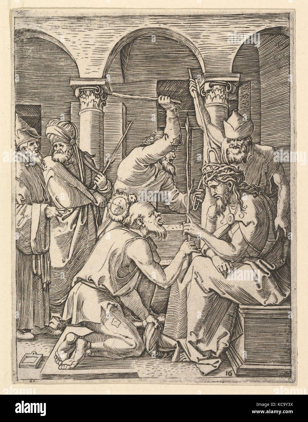 La corona di spine; gli uomini di mettere la corona di spine di Cristo che benedice inginocchiato uomo, dopo Dürer, Marcantonio Raimondi, ca. 1500 Foto Stock