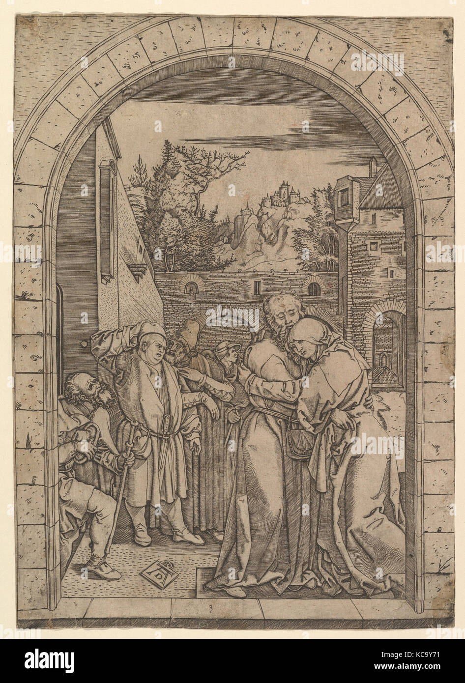 Joachim abbracciando Saint Anne sotto il Golden Gate in Gerusalemme, dopo Dürer, Marcantonio Raimondi, ca. 1500-1534 Foto Stock