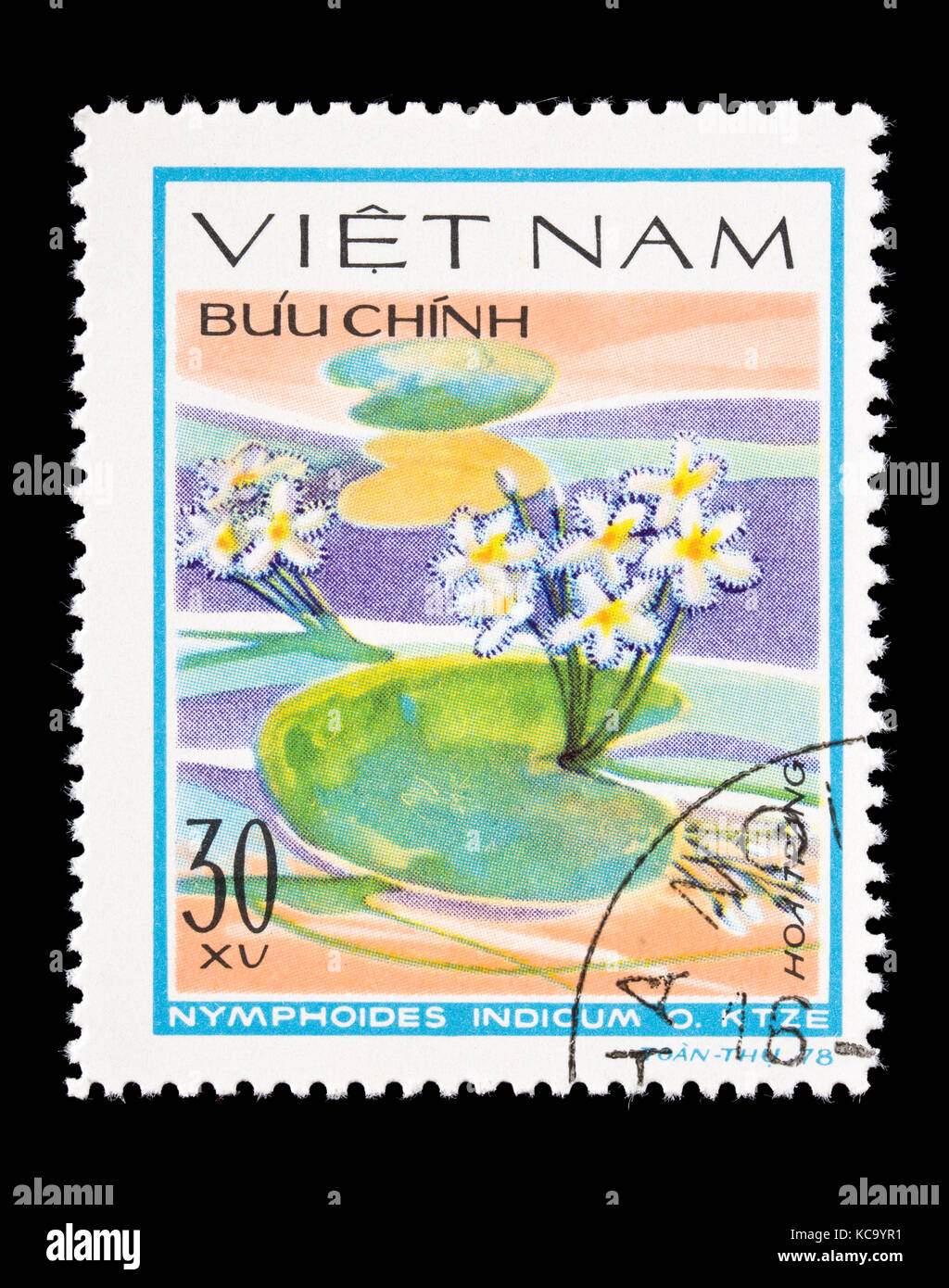 Francobollo dal Vietnam raffigurante un floatingheart (Nymphoides indicum) Foto Stock