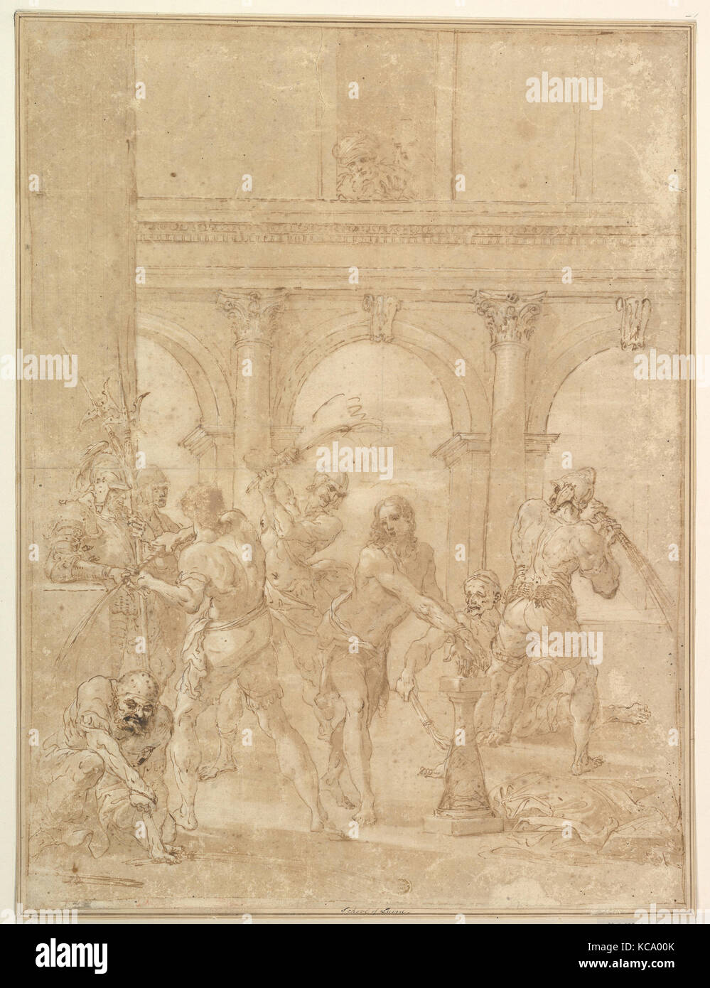 Flagellazione di Cristo, 1700-1740, penna e inchiostro bruno, lavato, 22 3/16 x 16 3/4 (56,5 cm x 42,4 cm), disegni, Aureliano Milani Foto Stock
