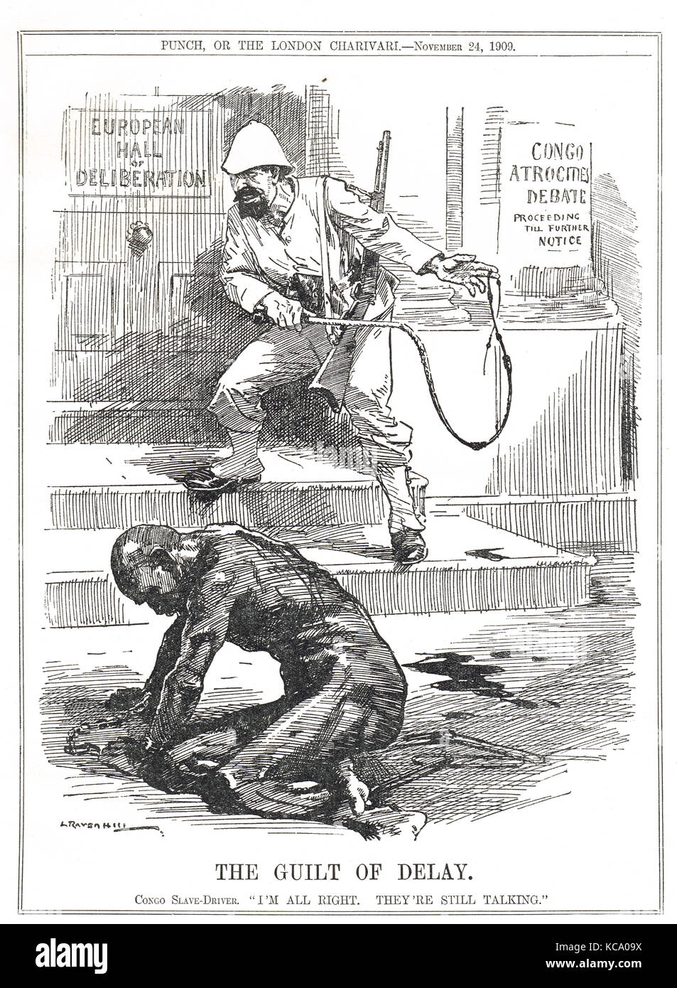 La colpa del ritardo, la schiavitù nel Congo Belga, Punch cartoon, 1909 Foto Stock