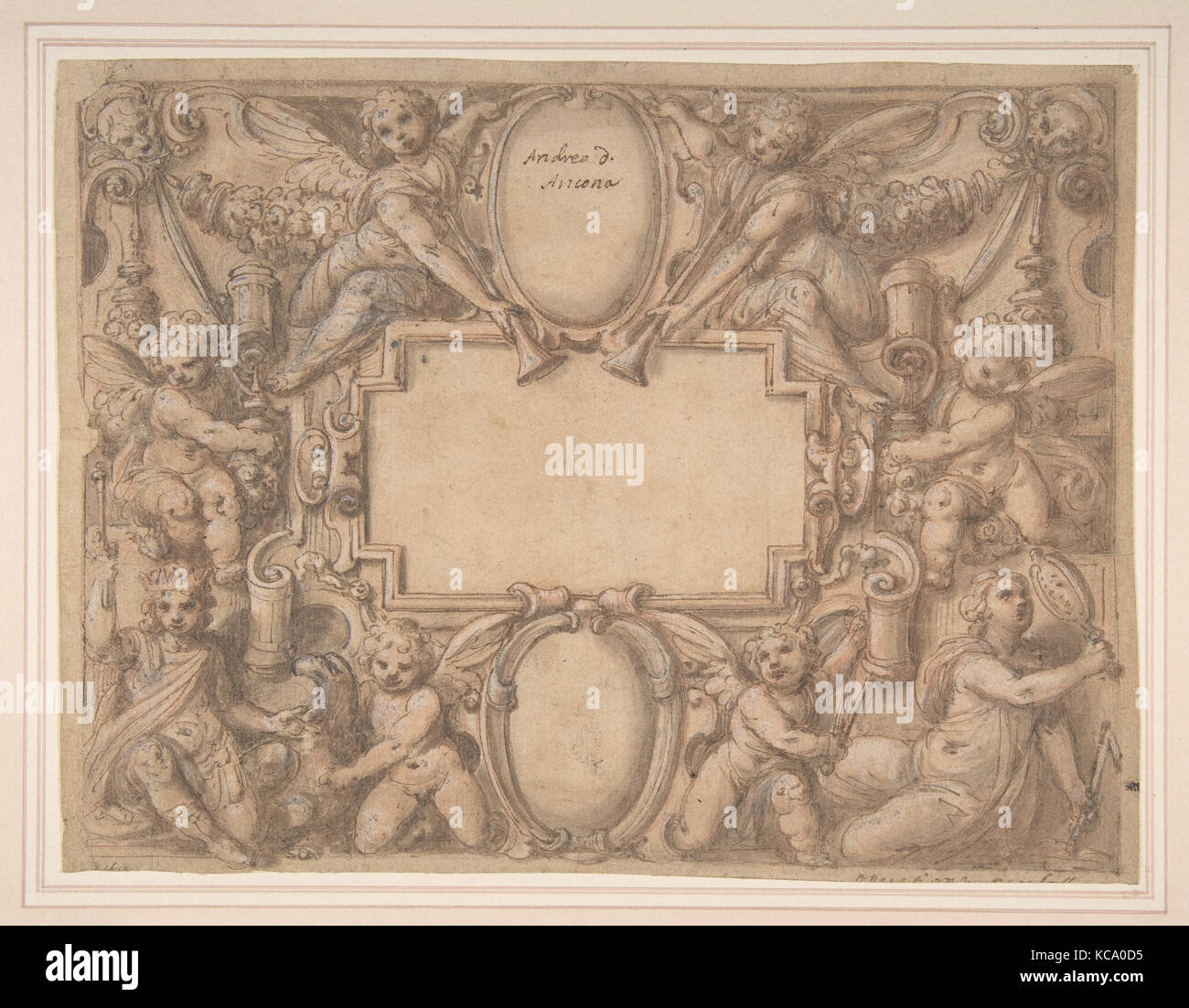 Un cartiglio e due schermi circondato da figure allegoriche., attribuito ad Andrea Lilli, 1570-1631 Foto Stock