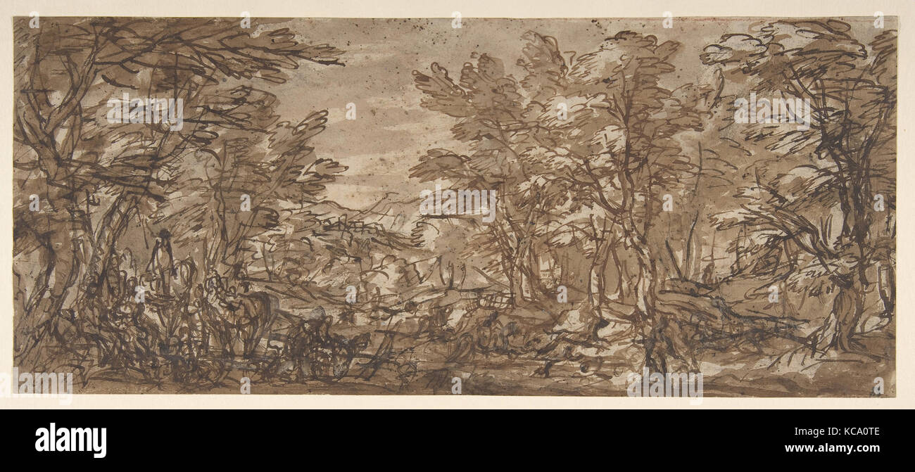 Scena di foresta, una sosta a sinistra, una caccia al centro, attribuito a Pier Francesco Mola, 1612-66 Foto Stock