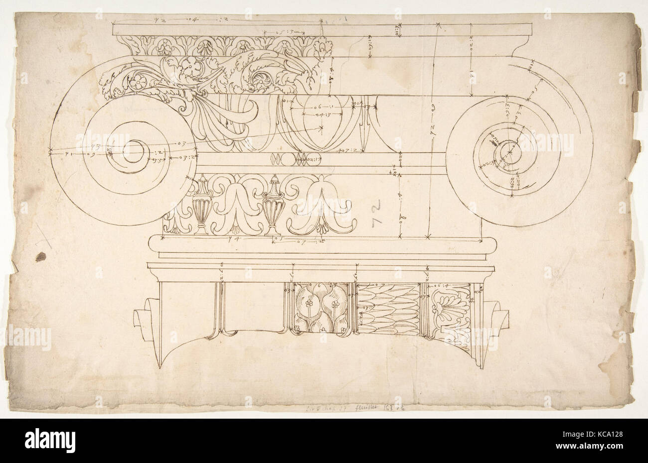 Unidentified, capitello ionico, elevazione anteriore e laterale (recto) Unidentifed, capitello ionico, sezione, dettaglio; capitello ionico Foto Stock