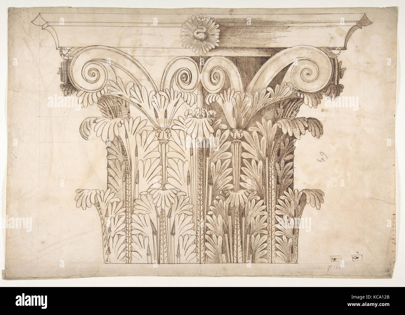 Sconosciuto, capitello corinzio, elevazione (recto) sconosciuto, capitello corinzio, schema di piano e di dettaglio (verso), ca. 1540-60 Foto Stock