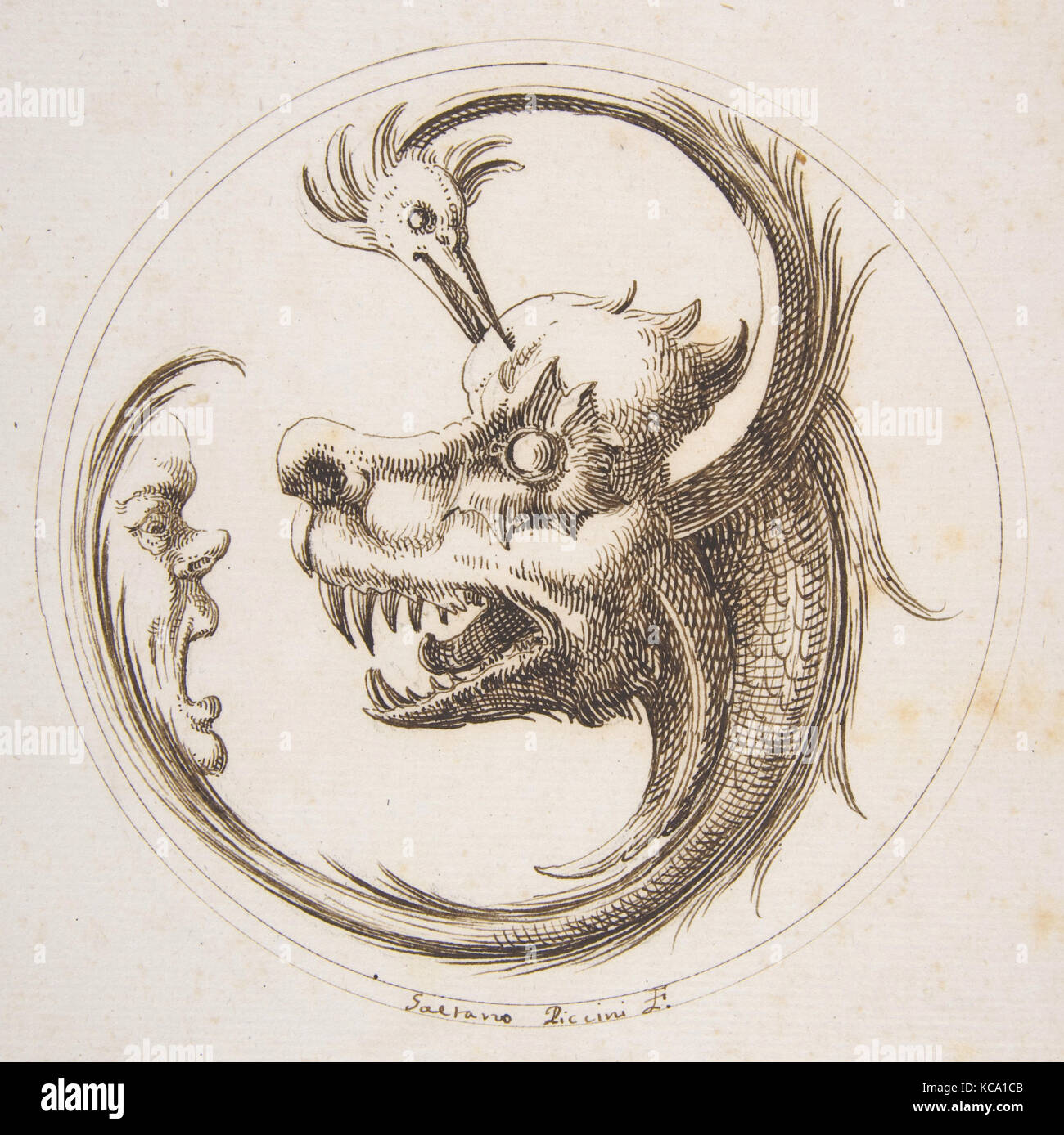 Due bestie e una maschera umana entro un cerchio, Gaetano Piccini, 1727 Foto Stock