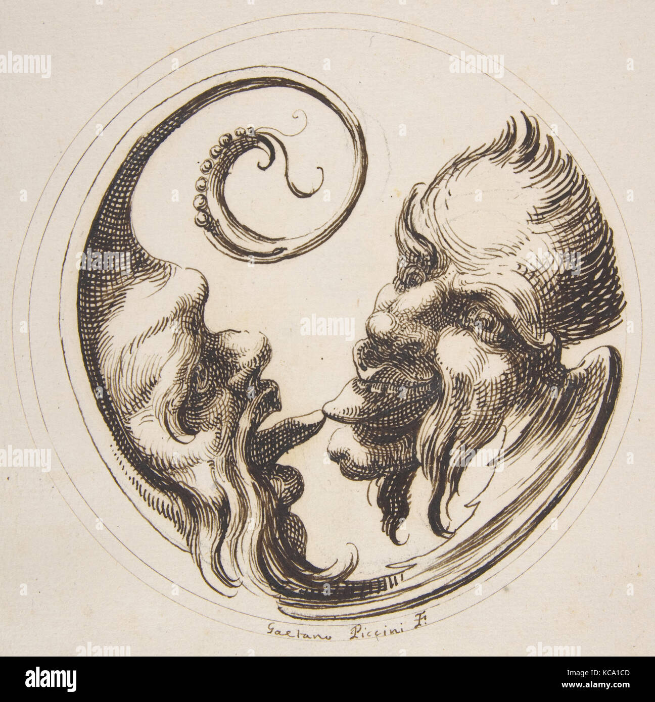 Due teste grottesche affacciati uno all'altro e toccando le linguette all'interno di un cerchio, Gaetano Piccini, 1727 Foto Stock