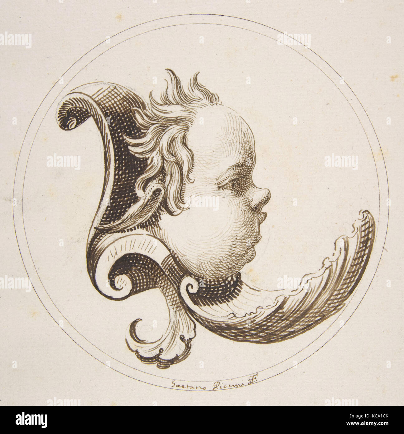Putto la testa cercando di destra con un guscio sotto il mento entro un cerchio, Gaetano Piccini, 1727 Foto Stock