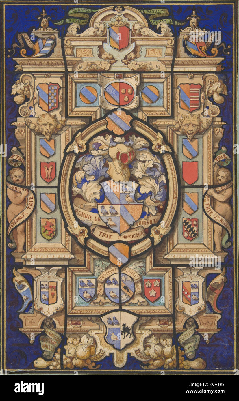 Design per una finestra di vetro colorato con disegni e modelli araldici per lo Chateau Mouchy (Oise, Jules-Edmond-Charles Lachaise Foto Stock