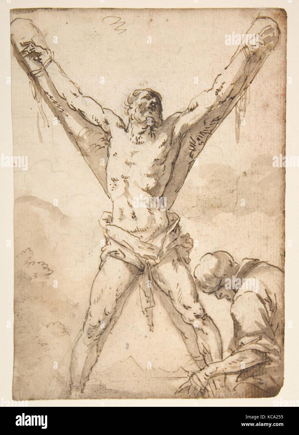 Il martirio di sant Andrea, 1615-73, penna e inchiostro marrone, marrone lavaggio, oltre le tracce di gesso nero, 7-13/16 x 5-3/8 in. (19,8 x 13,7 Foto Stock