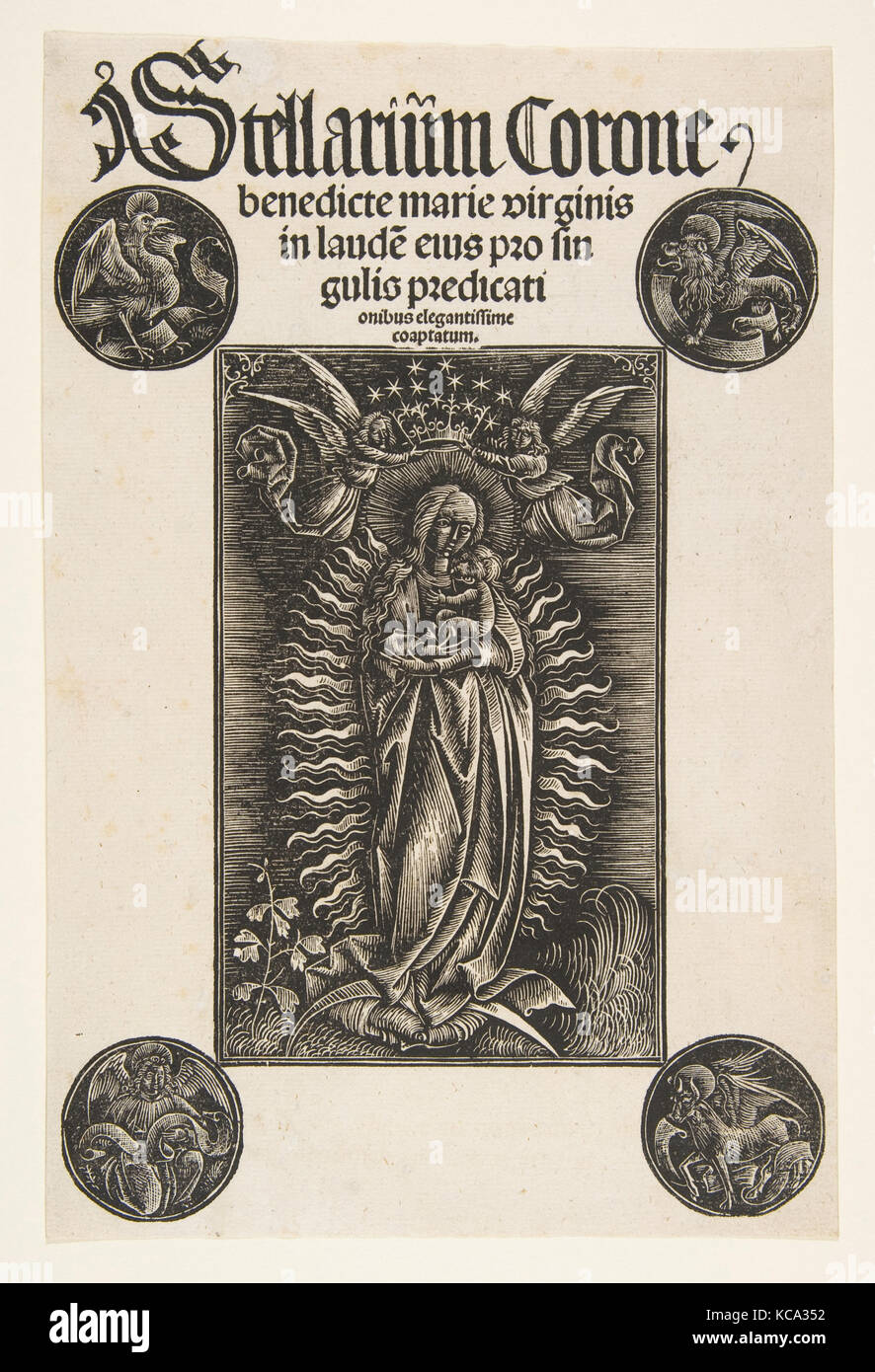 Vergine in una mezzaluna, titolo-pagina da Pelbartus de Temesvar: Stellarium corone (Schr. 2869), Johann Otmar, 1502 Foto Stock
