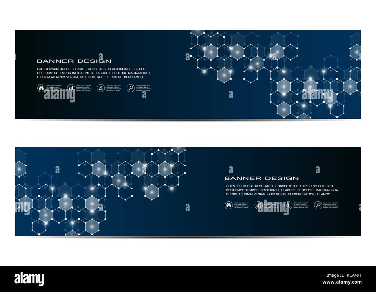 Abstract design banner, una molecola di DNA la struttura dello sfondo. Grafica geometrica e le tubazioni collegate con punti. Scientifico e concetto tecnologico, illustrazione vettoriale. Illustrazione Vettoriale