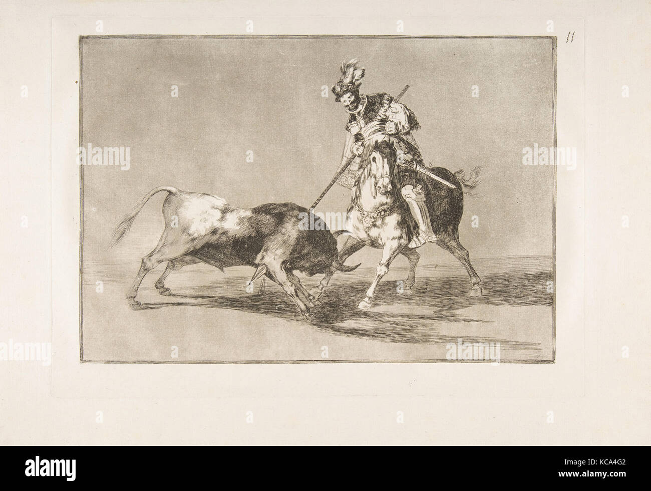 La piastra 11 dal 'Tauromaquia':il Cid Campeador infilzare un altro bull., Goya, 1816 Foto Stock