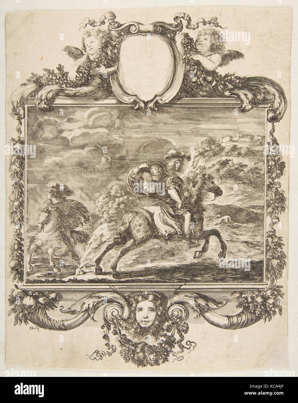 Un cavaliere e una donna a cavallo, all'interno di un confine ornati decorati con frutta e cornucopie, Stefano della Bella, ca. 1655 Foto Stock