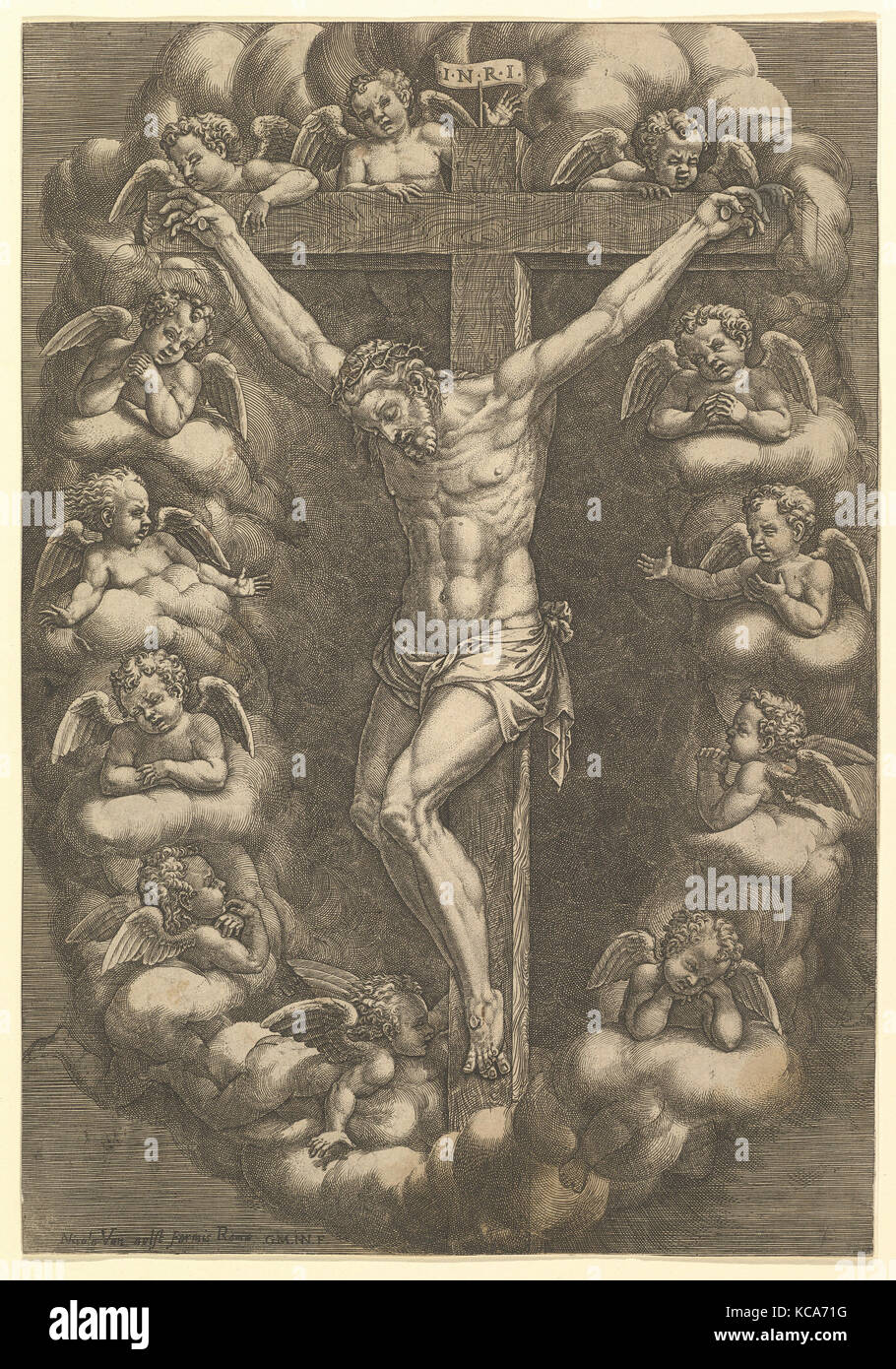 Cristo crocifisso circondato da angeli di lutto, Giorgio Ghisi, 1575-79 Foto Stock