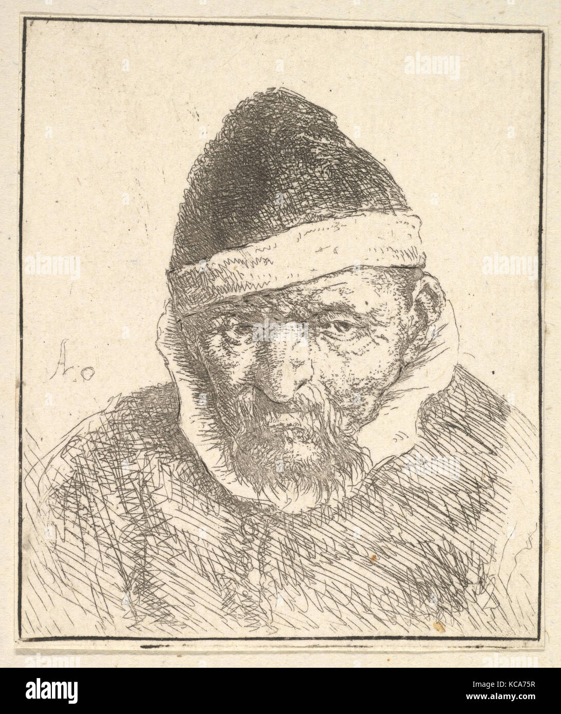 Il vecchio uomo con collare bianco e cappello appuntito, Adriaen van Ostade, 1610-85 Foto Stock