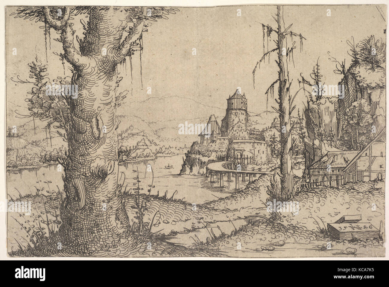 Paesaggio con un grande albero a sinistra, Augustin Hirschvogel, 1546 Foto Stock
