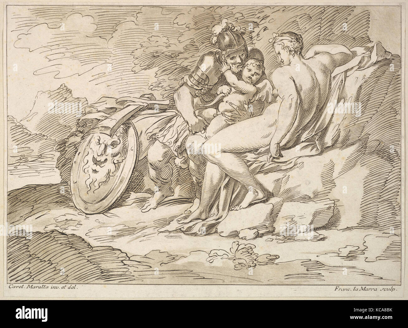 Venere, Marte e Cupido, 1725-80, attacco, foglio: 13 3/16 x 15 15/16 in. (33,5 x 40,5 cm), stampe, Francesco Lamarra (Italiano Foto Stock