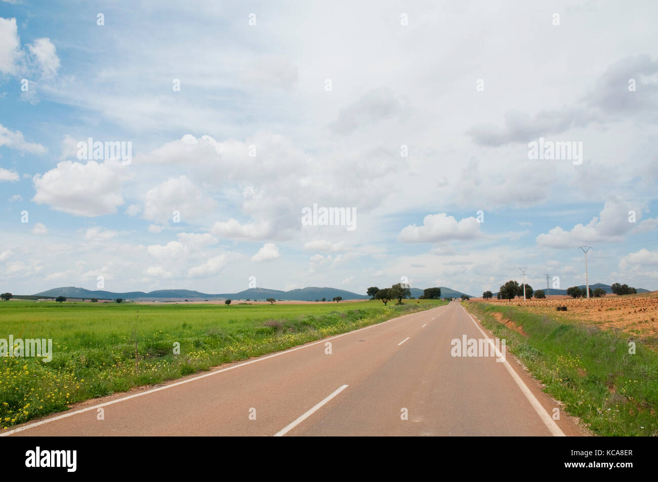 Strada laterale. Campo de Montiel, Ciudad Real Provincia, Castilla La Mancha, in Spagna. Foto Stock