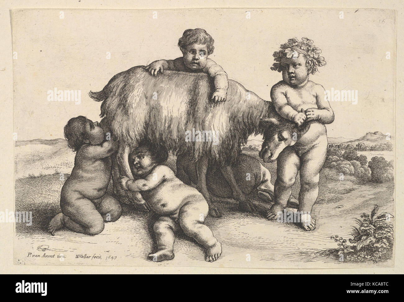 Quattro ragazzi e un giovane Satiro, e una capra, Wenceslaus Hollar, 1647 Foto Stock