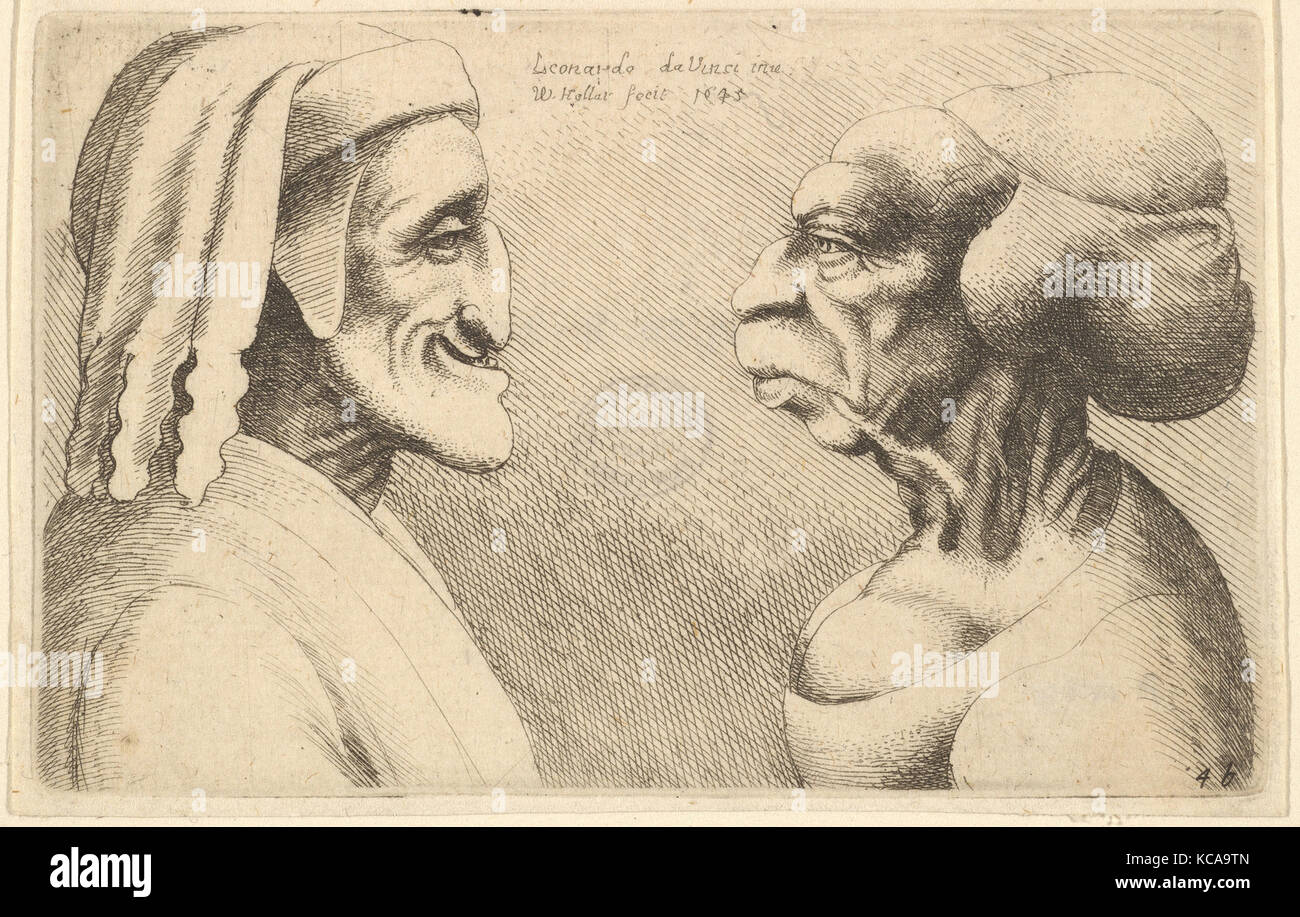 Due teste deformata (figura sulla sinistra è forse una caricatura di Dante), dopo Leonardo da Vinci, 1645 Foto Stock
