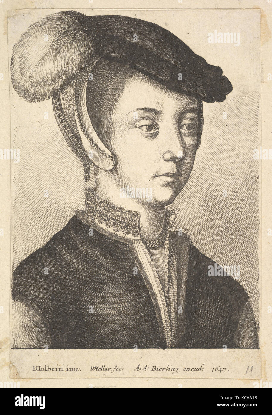 Giovane donna che indossa un cappello piumato, dopo Hans Holbein il Giovane, 1647 Foto Stock