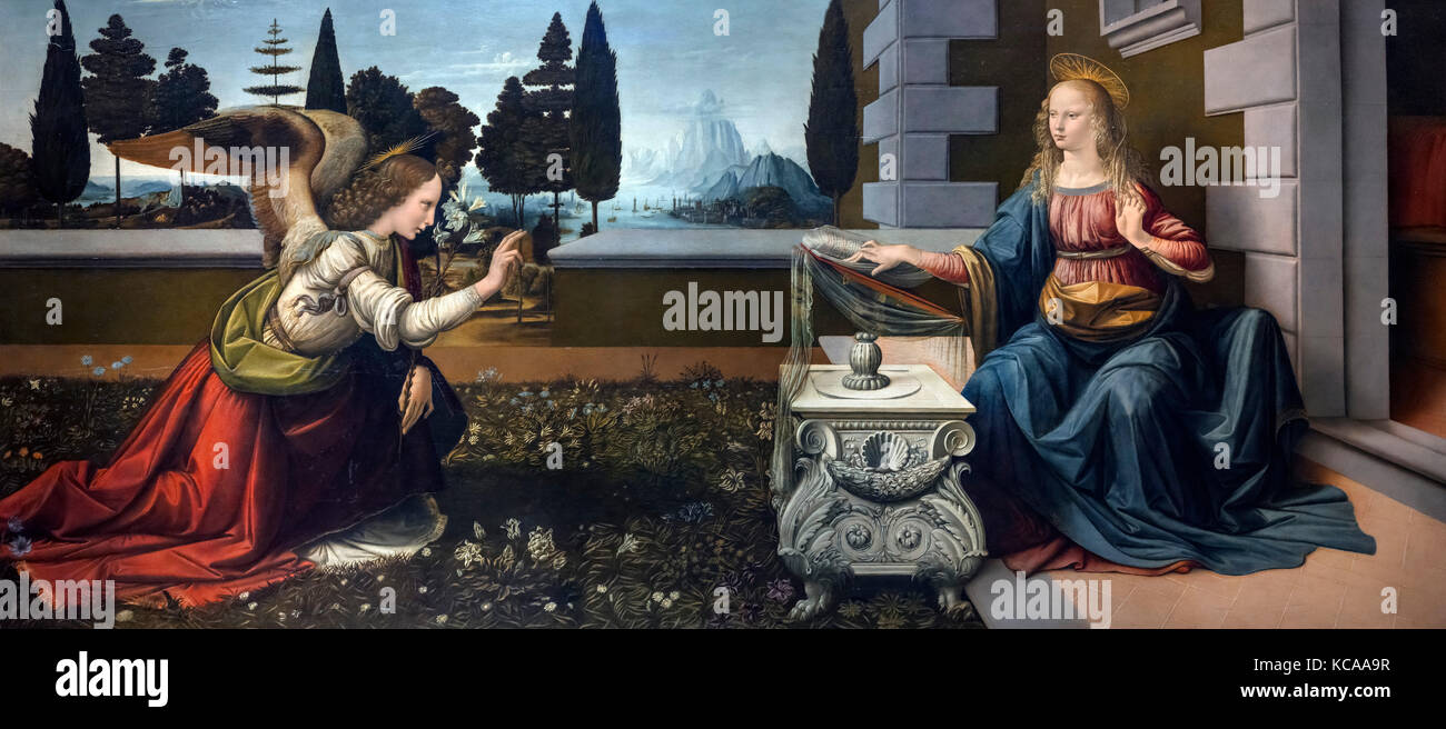 L'Annunciazione di Leonardo da Vinci (1452-1519), olio su pannello, c.1472 Foto Stock