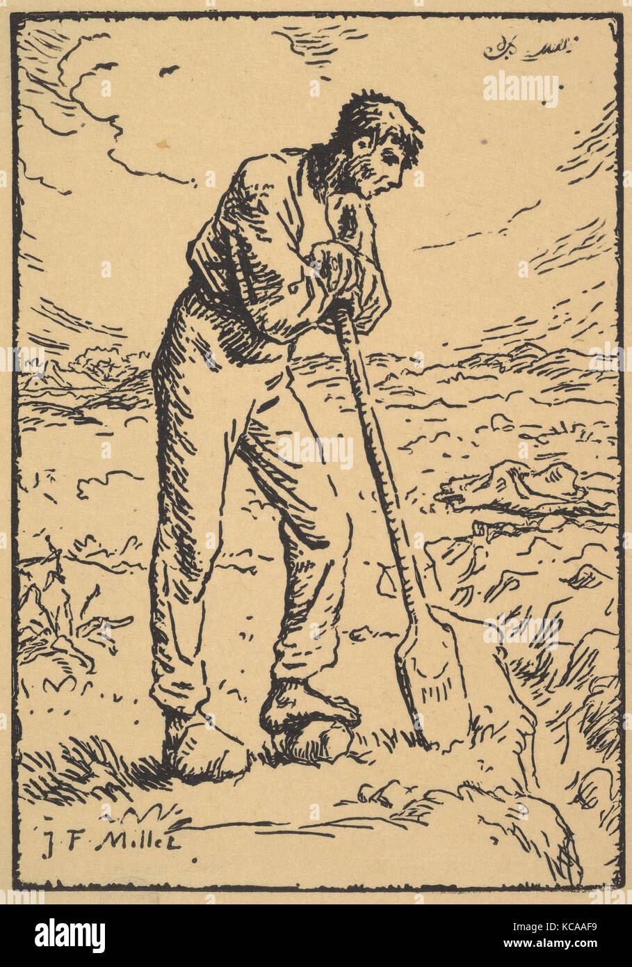 Uomo appoggiato su una vanga, inciso da Pierre miglio, 1874 Foto Stock