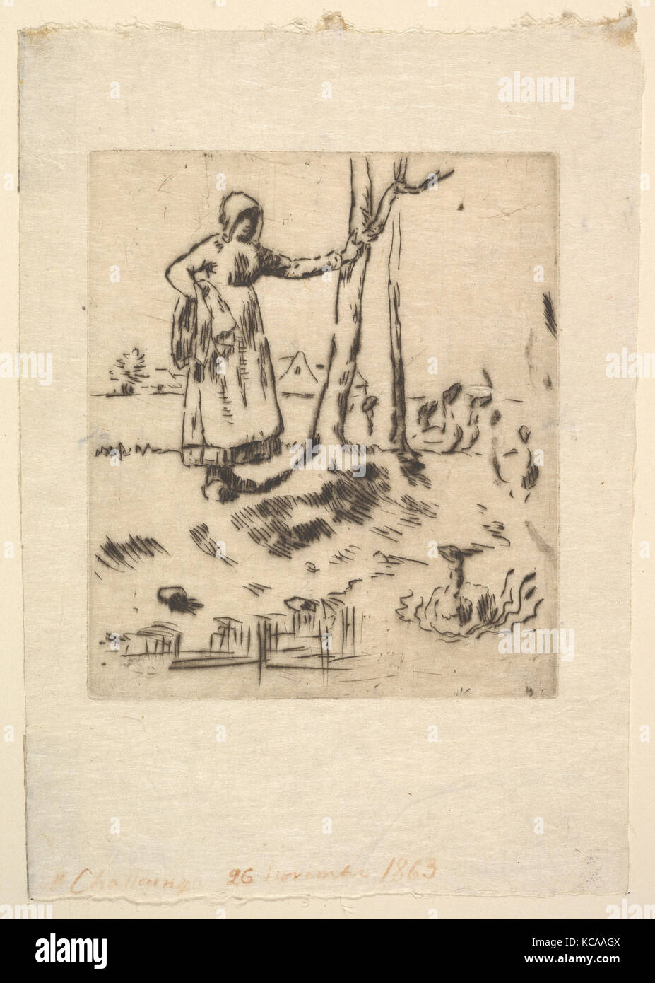 L'Oca Girl, 1830-75, puntasecca su sottile carta intessuta, Piastra: 5 9/16 x 4 3/4 in. (14,2 x 12,1 cm), stampe, Jean-François Foto Stock