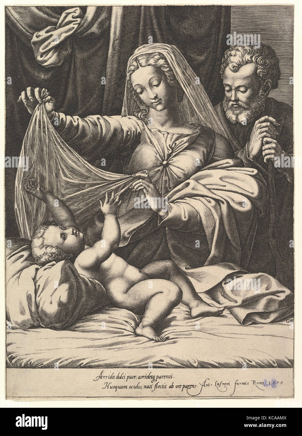 Madonna di Loreto, la Vergine solleva un velo sopra il Bambino che giace su un letto e un cuscino, Giuseppe sta dietro Foto Stock